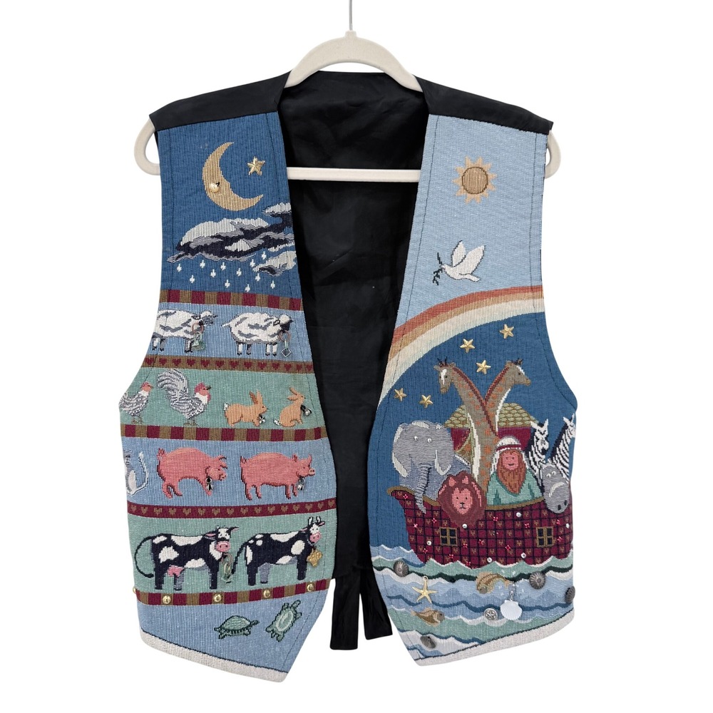 Vintage Noahs Ark Tapestry Vest Animal Print Embellished Whimsical Teacher Blue